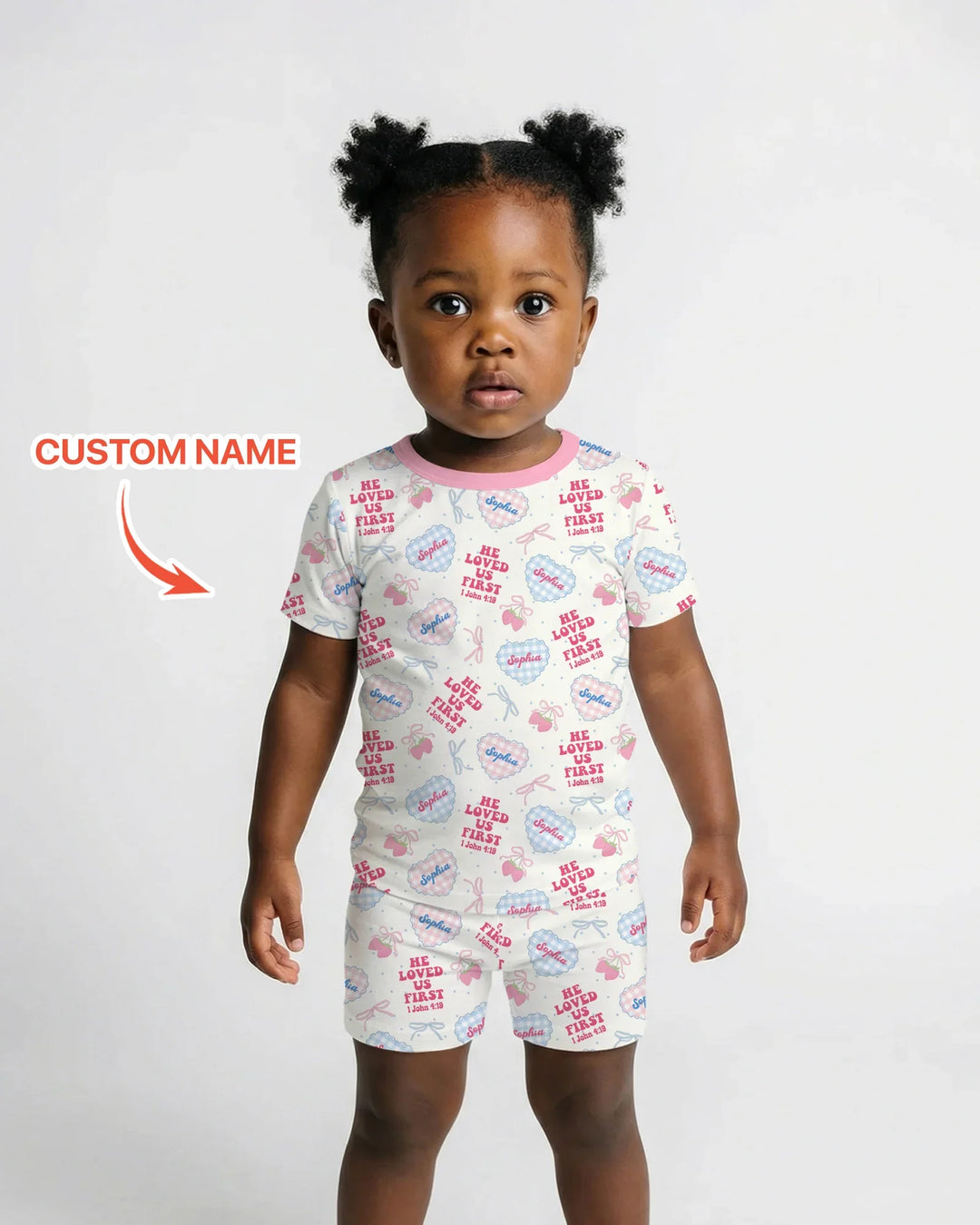 He Loved Us First Custom Name Bamboo Two Piece Short Sleeve Shorts Pajama Set