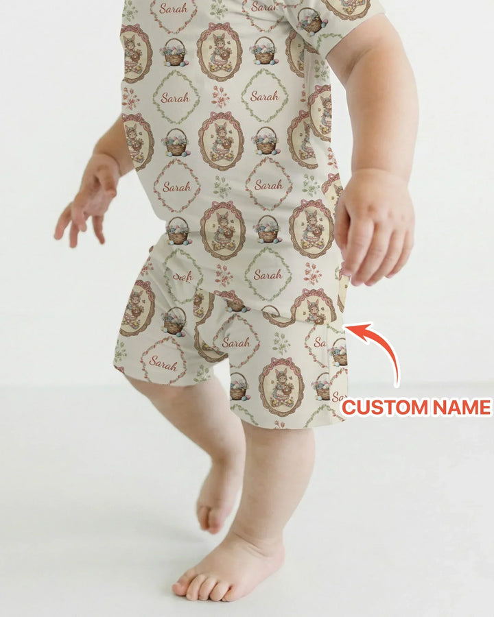 Vintage Bunny Easter Custom Name Mommy & Me Matching Bamboo Two Piece Short Sleeve Pajama Set