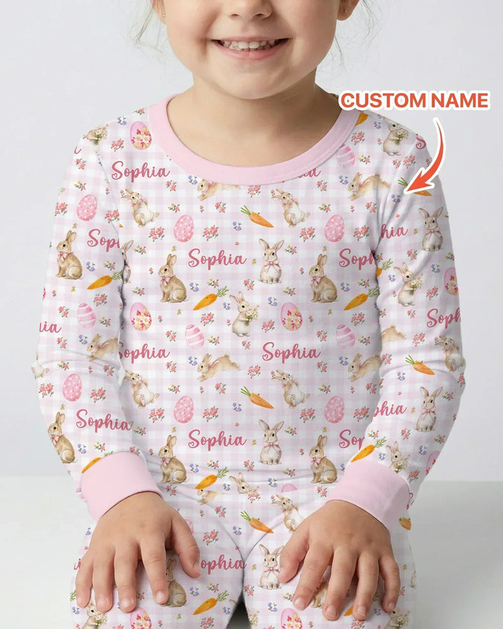 Custom Name Bunny Garden Bamboo Two Piece Long Sleeve Pajama Set