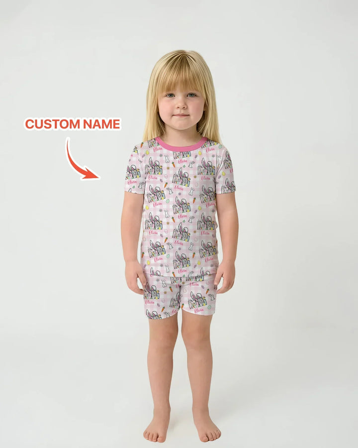 Custom Name Easter Family Matching Bamboo Two Piece Short Sleeve Shorts Pajama Set