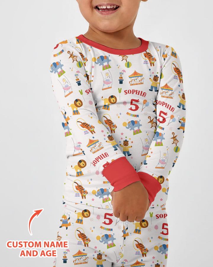 Custom Name Birthday Circus Bamboo Two Piece Long Sleeve Pajama Set