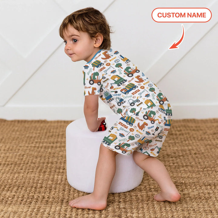 Custom Name Dino Diggers Bamboo Two Piece Short Sleeve Shorts Pajama Set
