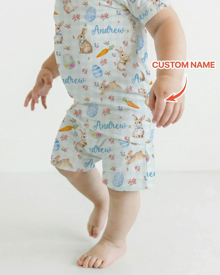 Custom Name Bunny Garden Bamboo Two Piece Short Sleeve Shorts Pajama Set