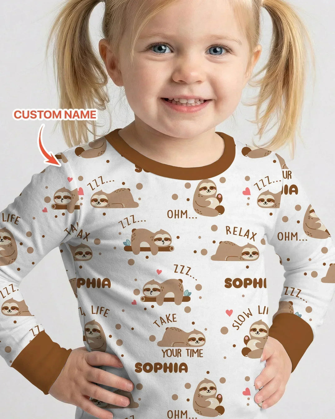 Custom Name Cute Sloth Bamboo Two Piece Long Sleeve Pajama Set