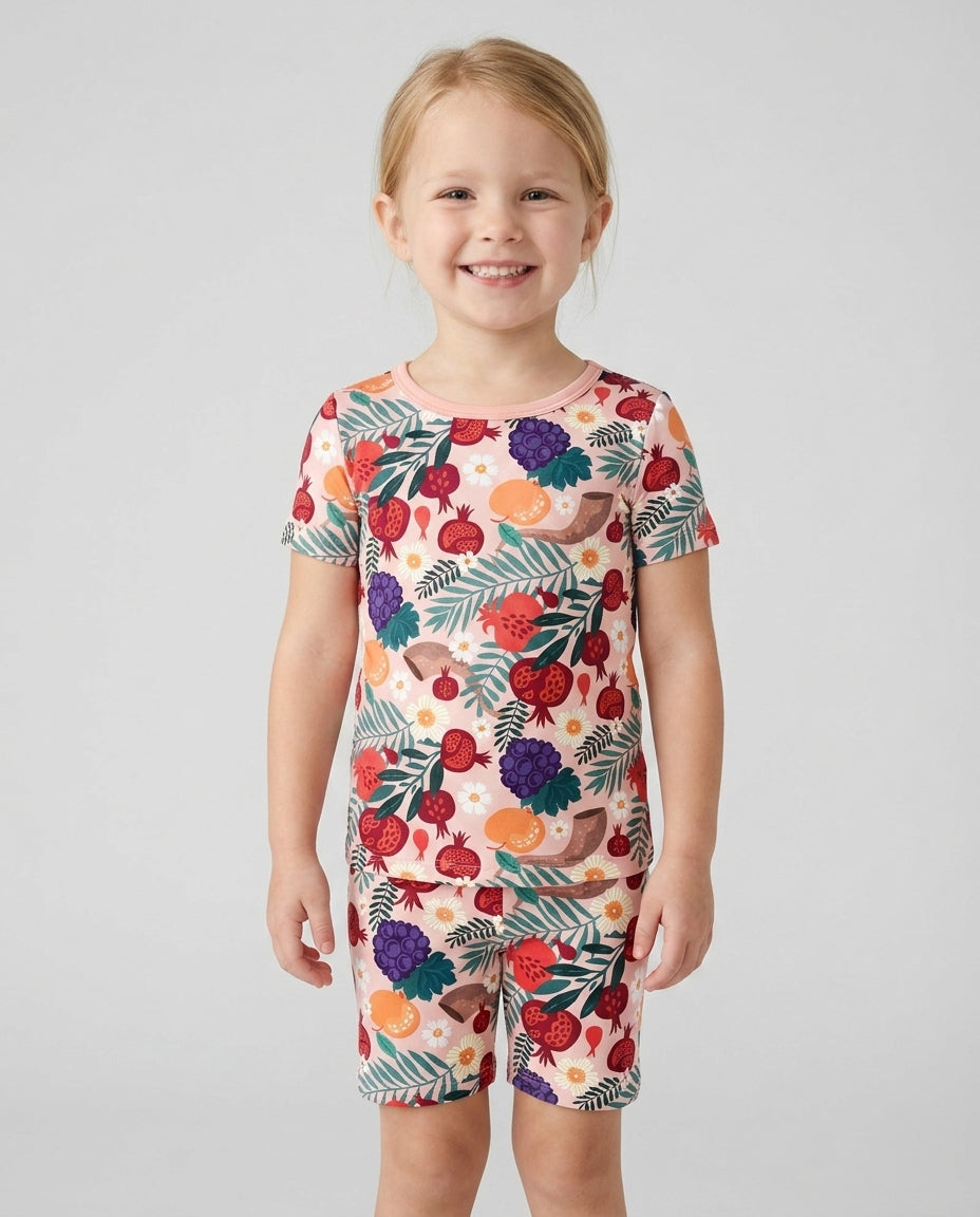 Pomegranate Blessings Night Family Matching Bamboo Two Piece Short Sleeve Shorts Pajama Set