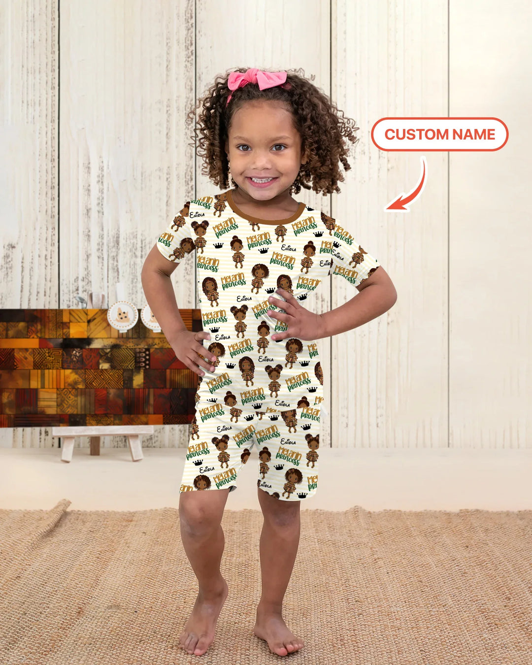 Custom Name Melanin Princess Bamboo Two Piece Short Sleeve Shorts Pajama Set