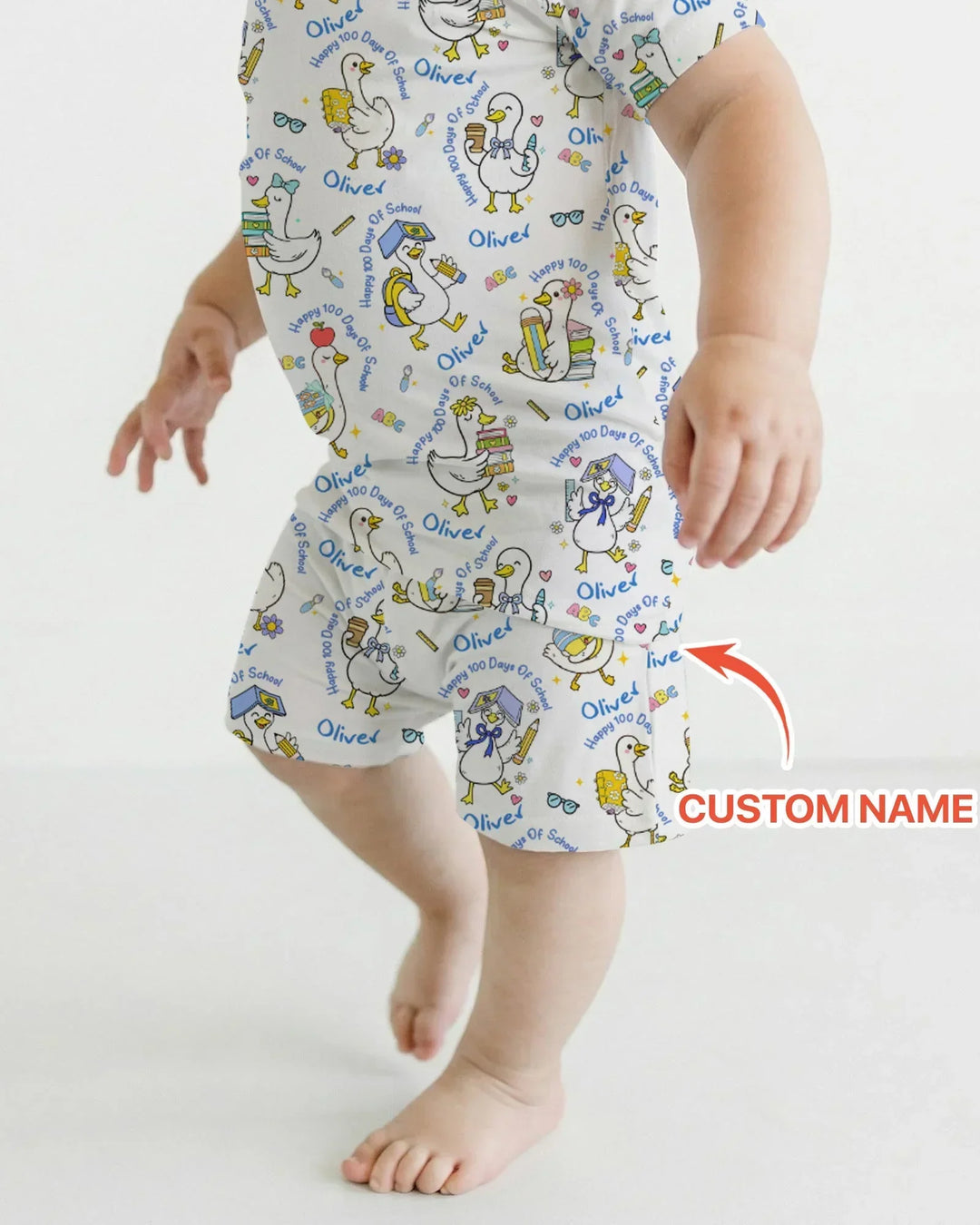 Custom Name Goose Happy 100 Days Of School Bamboo Two Piece Short Sleeve Shorts Pajama Set