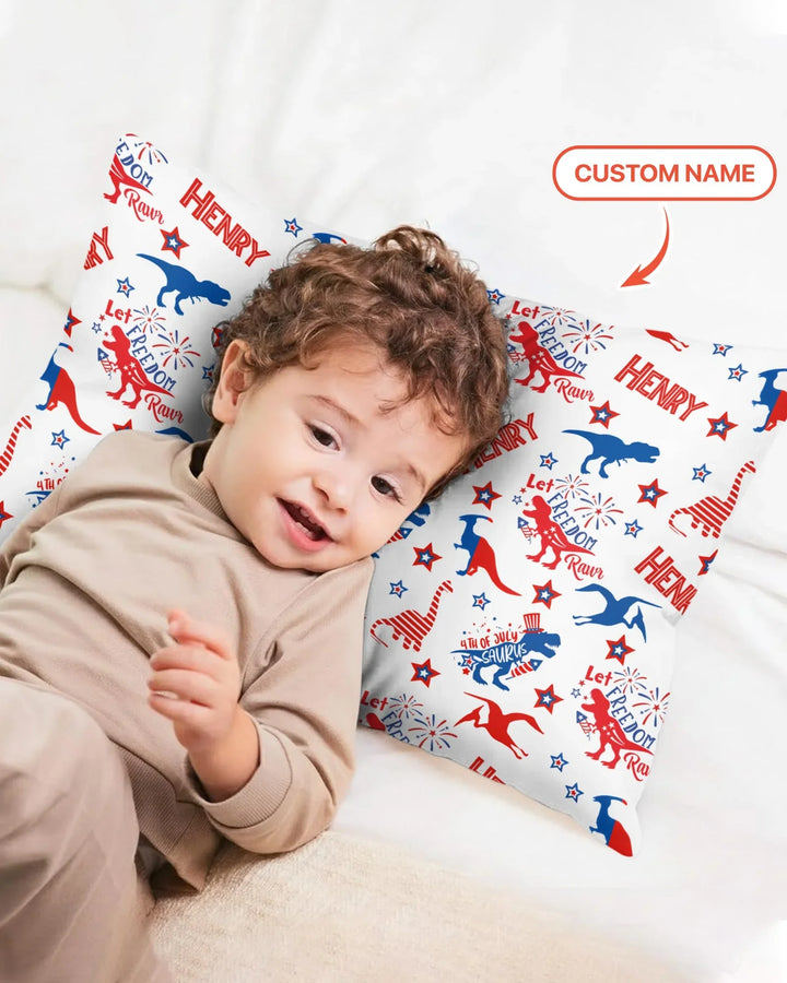 Custom Name Patriotic Dinosaur Bamboo Pillow Case