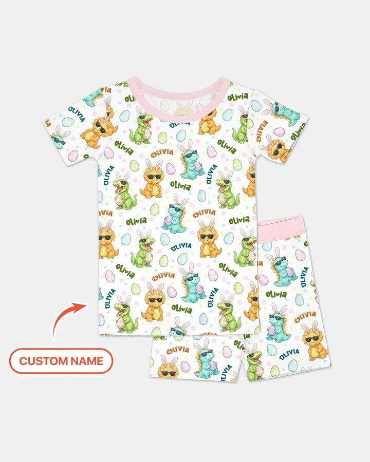 Custom Name Dinosaur on the Hunt Bamboo Two Piece Short Sleeve Shorts Pajama Set