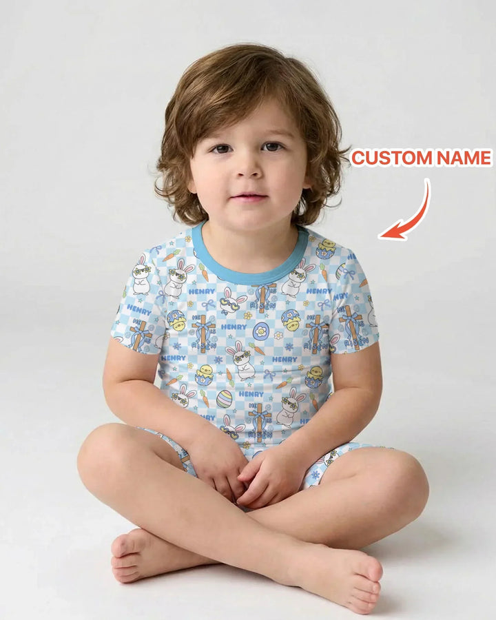 Custom Name Retro Easter Bamboo Two Piece Short Sleeve Shorts Pajama Set