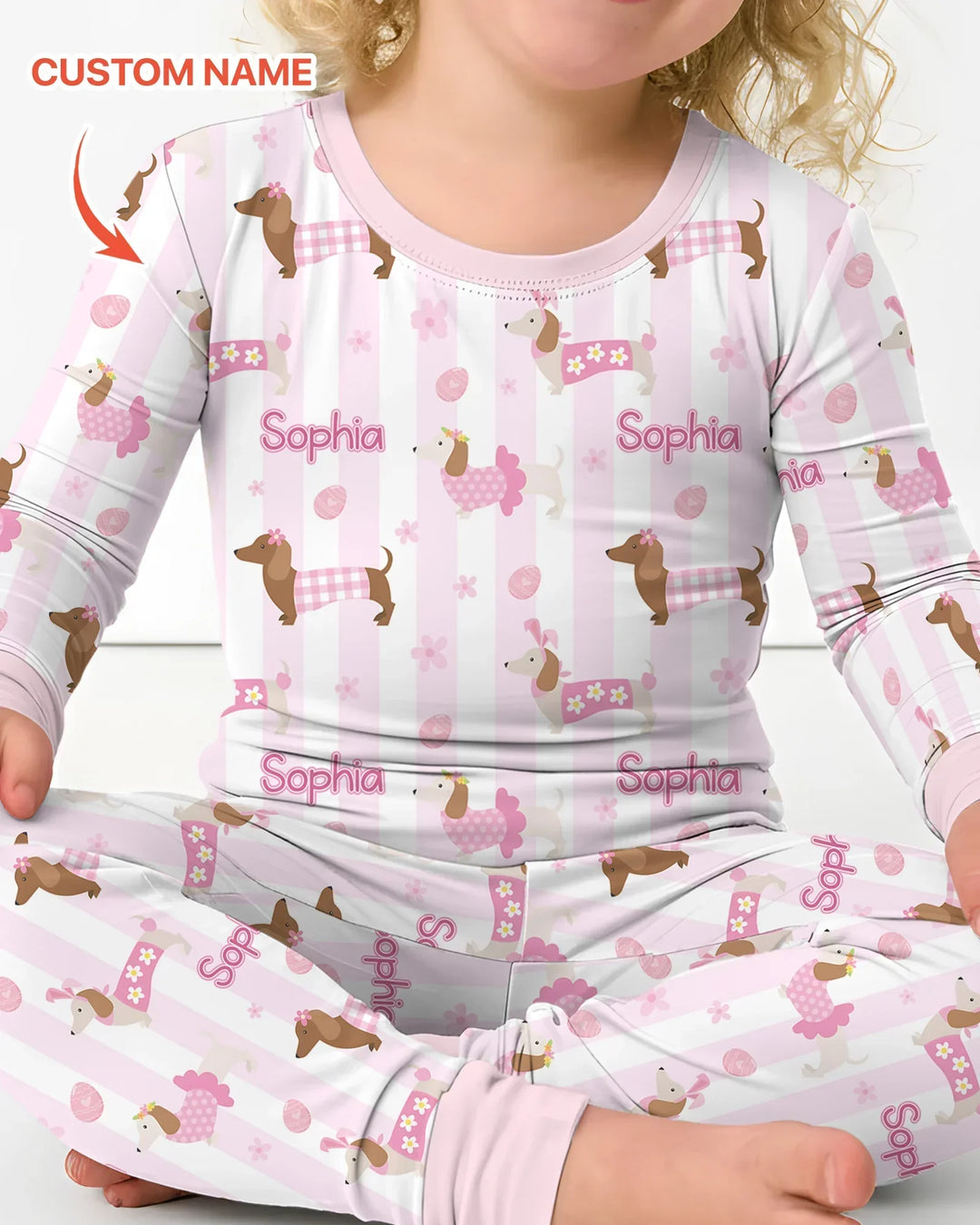 Custom Name Easter Dachshunds Family Matching Bamboo Two Piece Long Sleeve Pajama Set