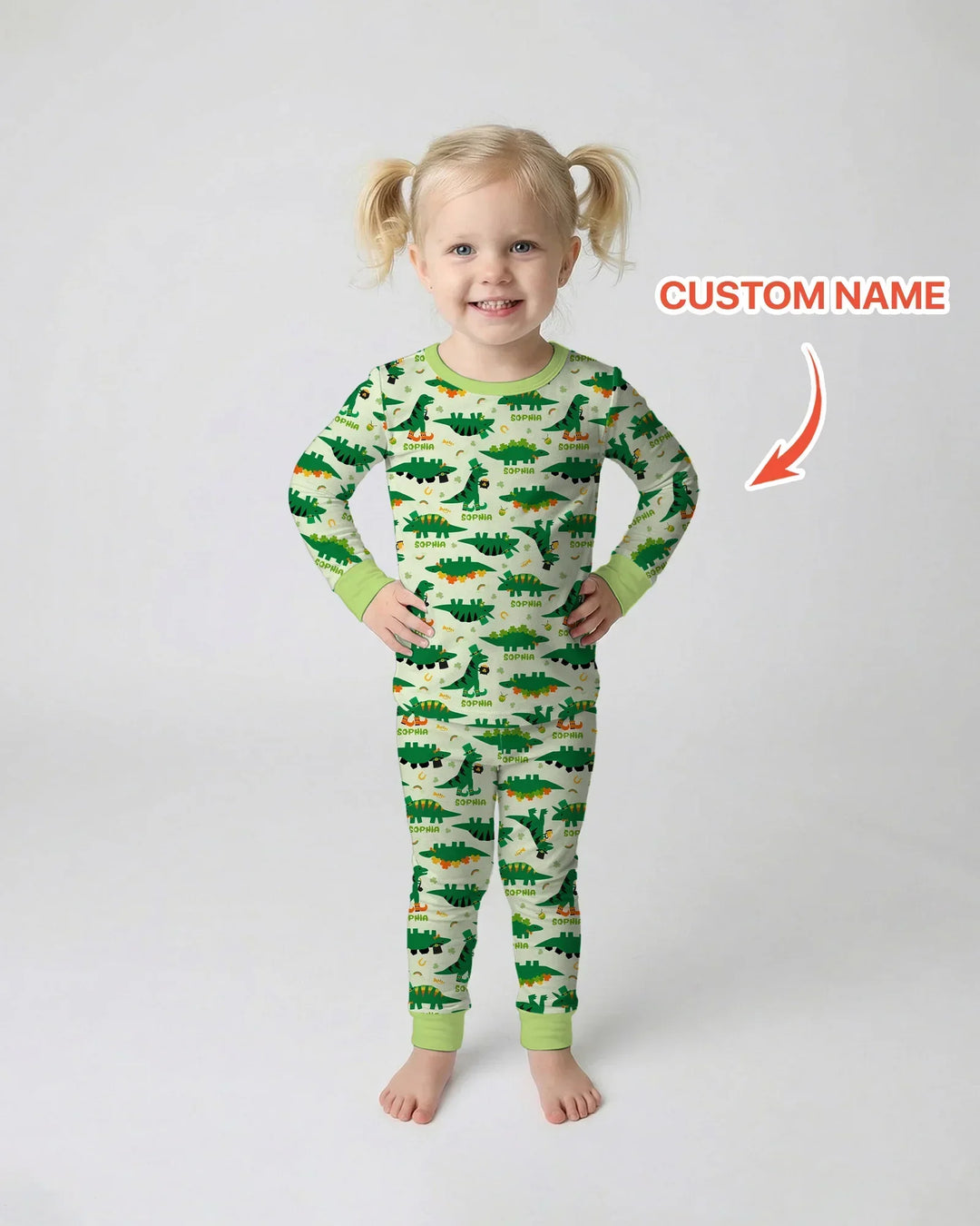 St. Patrick's Day Dinosaurs Custom Bamboo Two Piece Long Sleeve Pajama Set