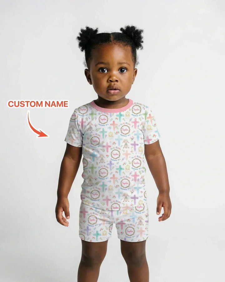He Is Risen Personalized Bamboo Two Piece Short Sleeve Shorts Pajama Set