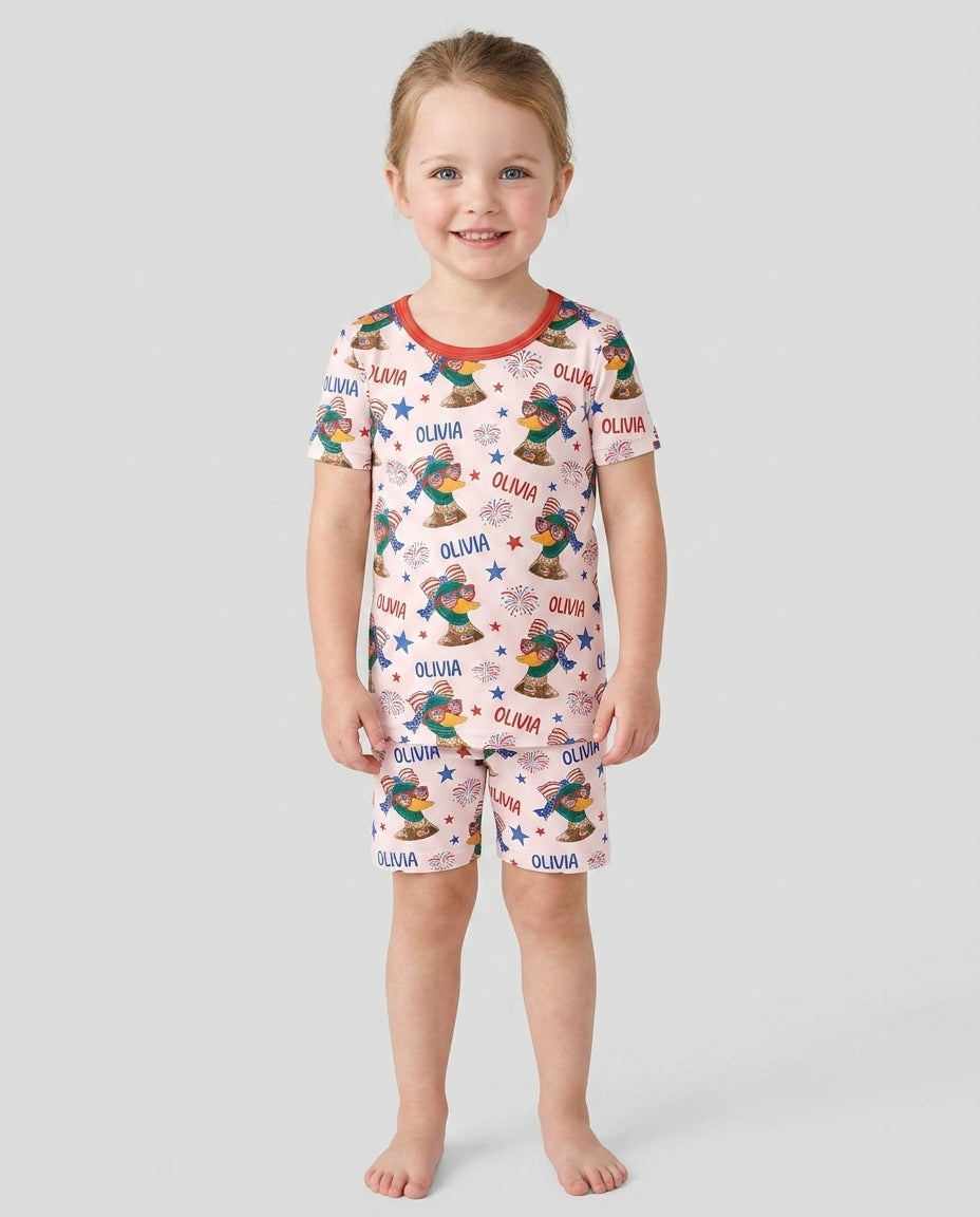 Custom Name Patriotic Mallard Duck Bamboo Two Piece Short Sleeve Shorts Pajama Set