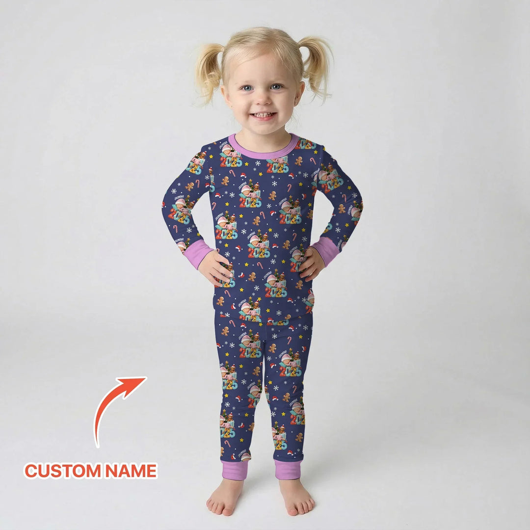 Custom Name Baby Girl's First Christmas Bamboo Two Piece Long Sleeve Pajama Set