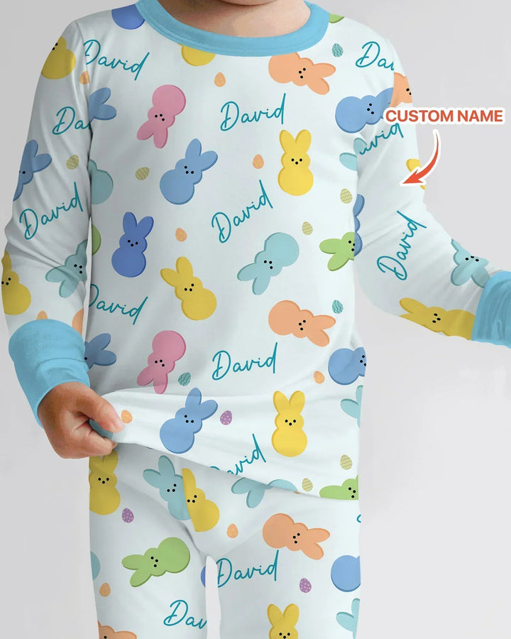 Personalized Easter Bunnies Family Matching Bamboo Two Piece Long Sleeve Pajama Set