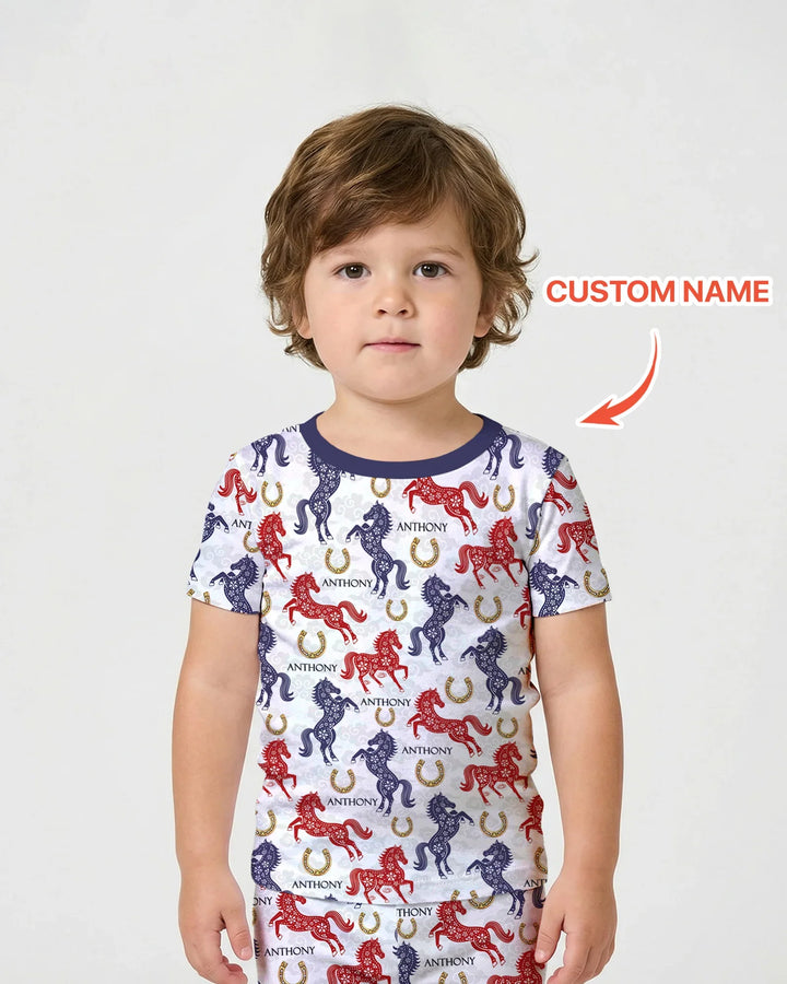 Custom Name Chinoiserie Horses Bamboo Two Piece Short Sleeve Shorts Pajama Set