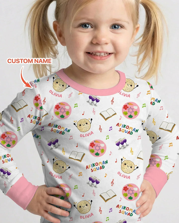 Custom Name Passover Afikoman Squad Bamboo Two Piece Long Sleeve Pajama Set