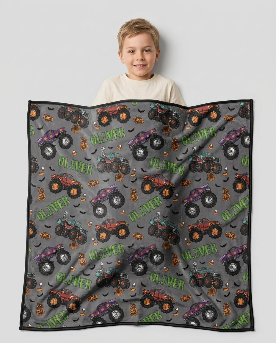 Custom Name Haunted Monster Trucks Bamboo Blanket