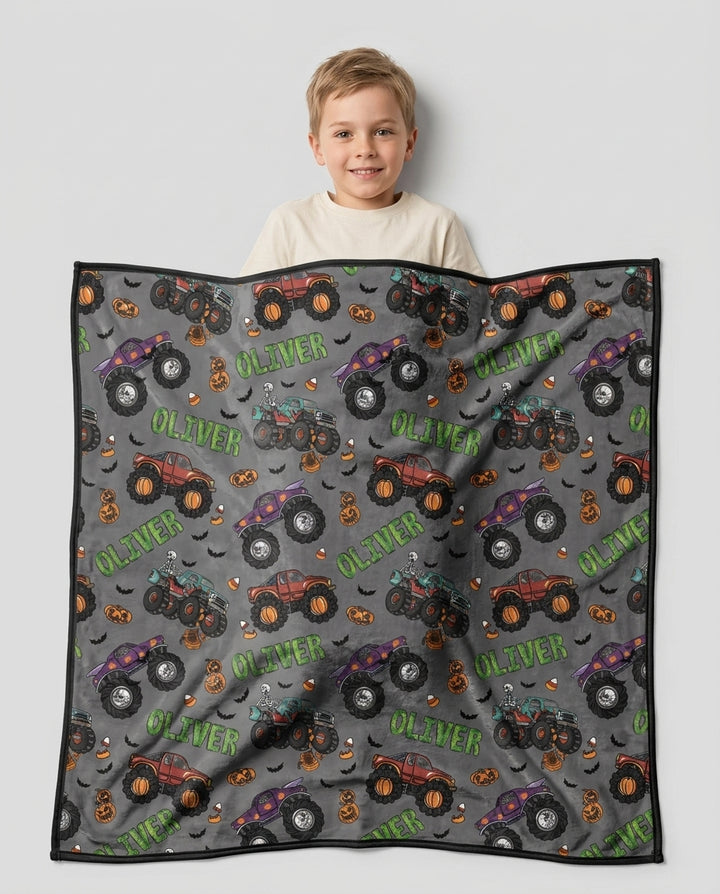 Custom Name Haunted Monster Trucks Bamboo Blanket