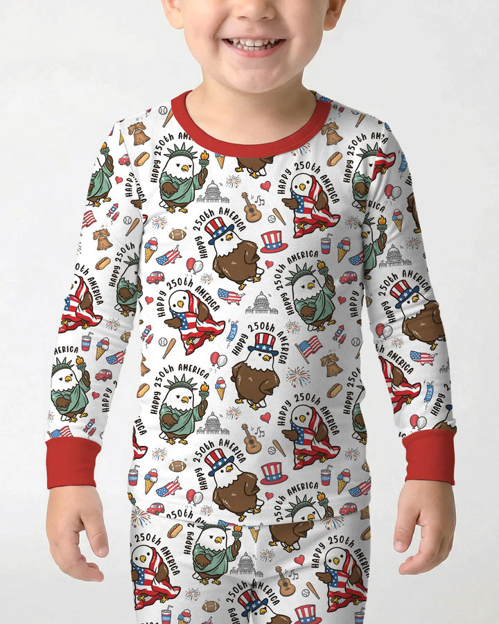 Happy 250th America Cute Patriotic Eagles Family Matching Bamboo Two Piece Long Sleeve Pajama Set