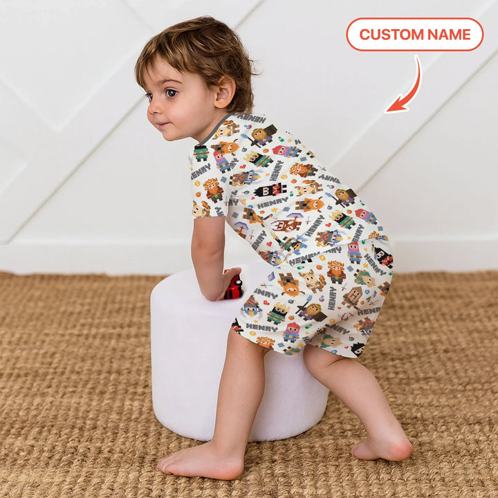 Blocky Buddy Squad Custom Name Bamboo Two Piece Short Sleeve Shorts Pajama Set