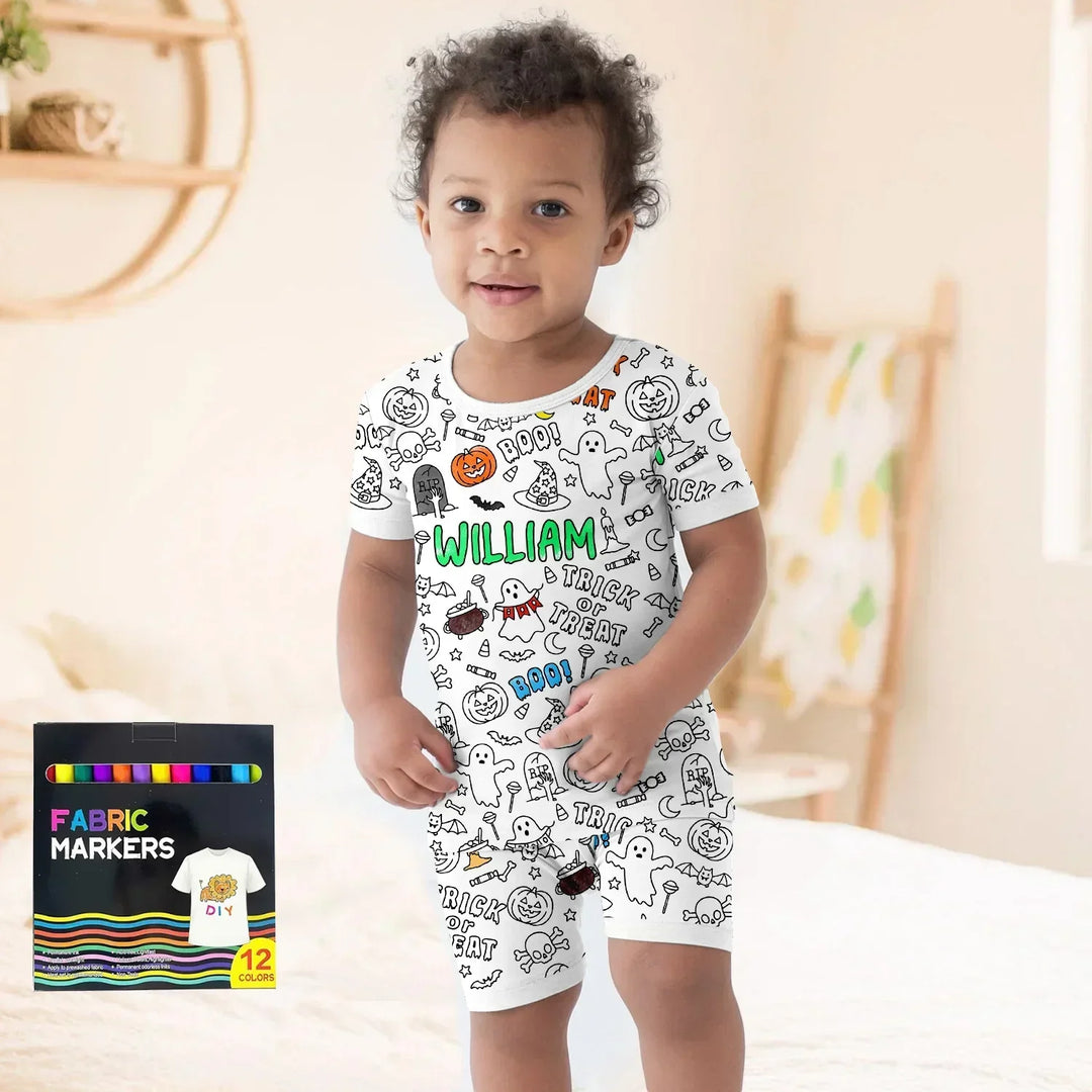 Custom Name Colorable Halloween Trick or Treat Two Piece Short Sleeve Shorts Pajama Set , Custom Name Colorable Halloween Trick or Treat Two Piece Short Sleeve Shorts Pajama Set - 3T