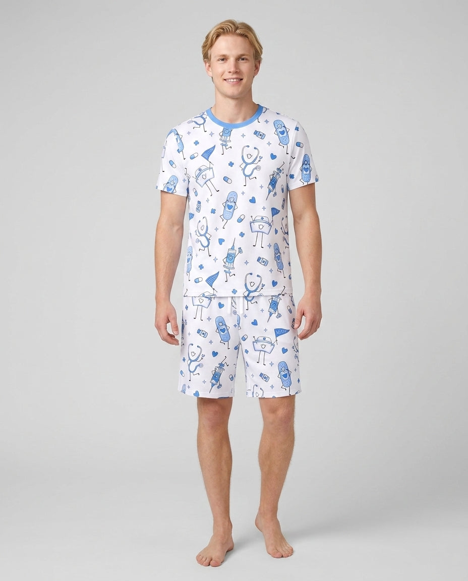 Cute Nurse Crew Bamboo Men Short Sleeve Short Pajama Set