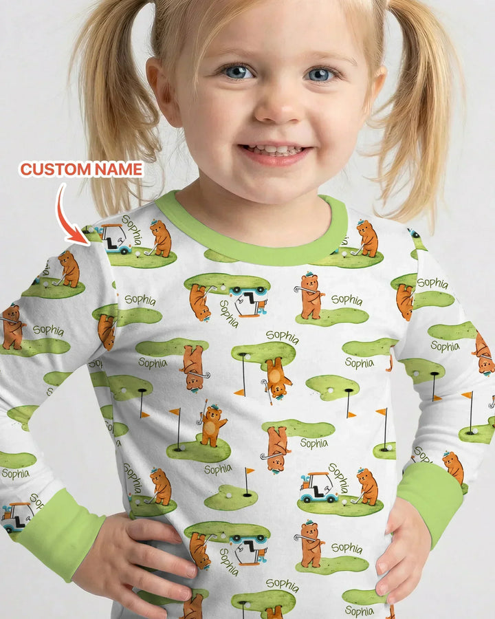 Custom Name Little Bear Golf Club Bamboo Two Piece Long Sleeve Pajama Set