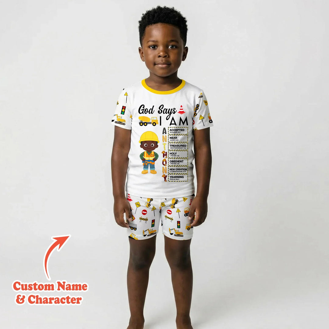 Custom Name God Says I Am Little Builder Letter in Bible Bamboo Two Piece Short Sleeve Shorts Pajama Set