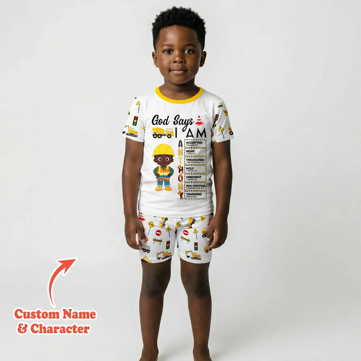 Custom Name God Says I Am Little Builder Letter in Bible Bamboo Two Piece Short Sleeve Shorts Pajama Set