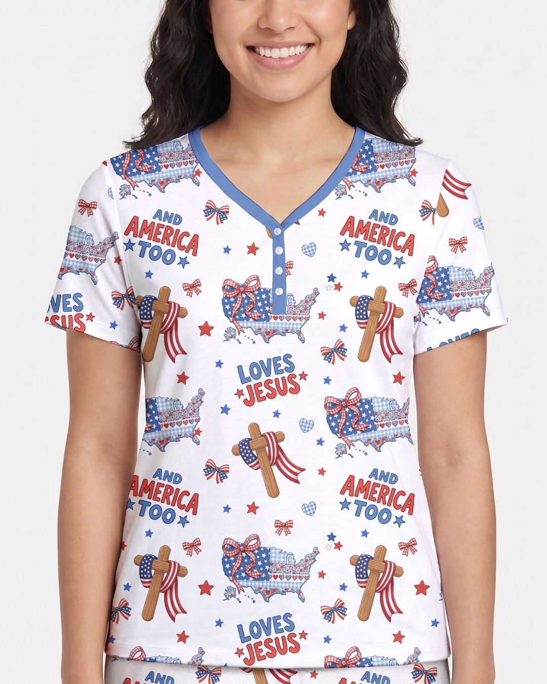 Loves Jesus And America Too Bamboo Women Short Sleeve Short Pajama Set