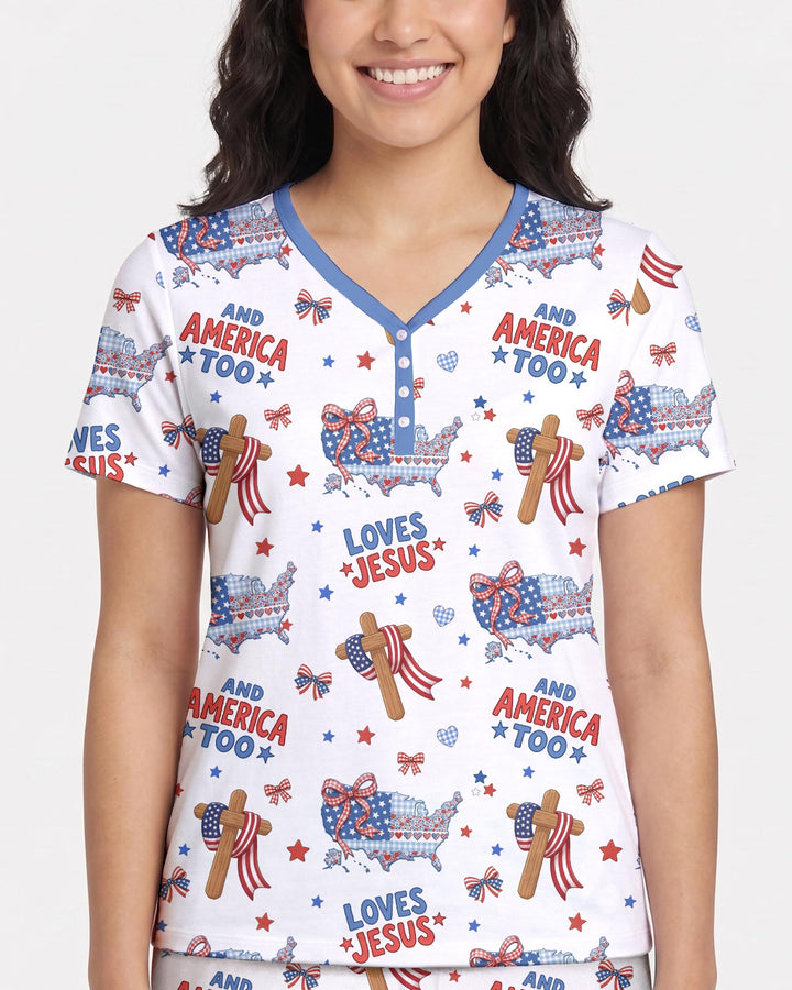 Loves Jesus And America Too Bamboo Women Short Sleeve Short Pajama Set