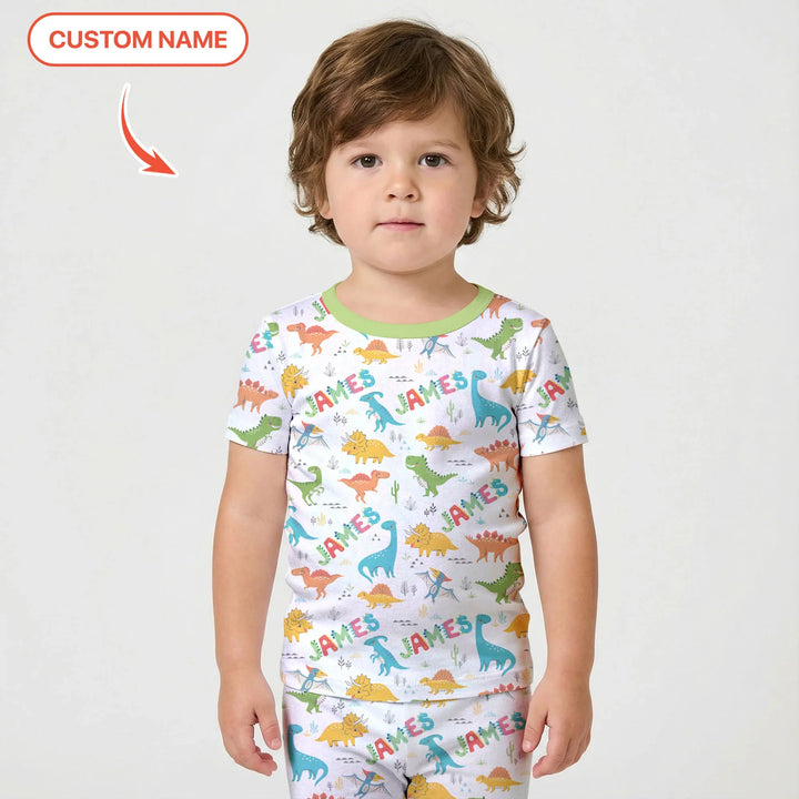 Dino Adventure Custom Name Bamboo Two Piece Short Sleeve Shorts Pajama Set