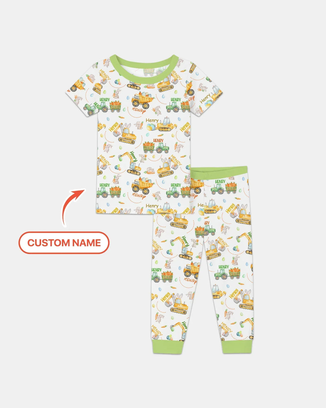 Easter Construction Vehicles Custom Name Bamboo Two Piece Short Sleeve Pajama Set