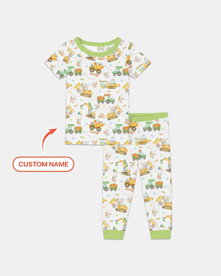 Easter Construction Vehicles Custom Name Bamboo Two Piece Short Sleeve Pajama Set