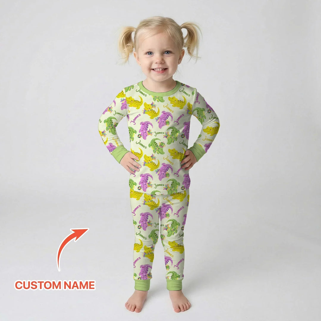Custom Name Mardi Gras Alligator Bamboo Two Piece Long Sleeve Pajama Set