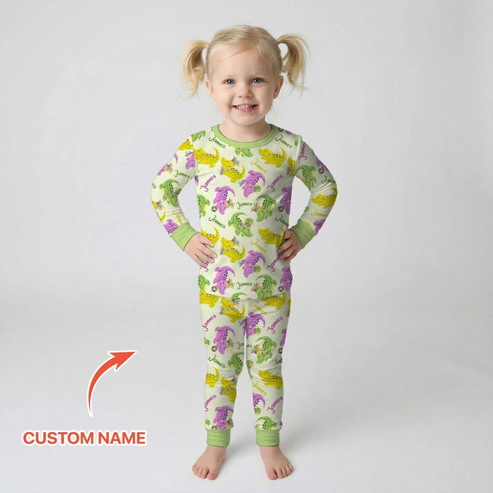 Custom Name Mardi Gras Alligator Bamboo Two Piece Long Sleeve Pajama Set