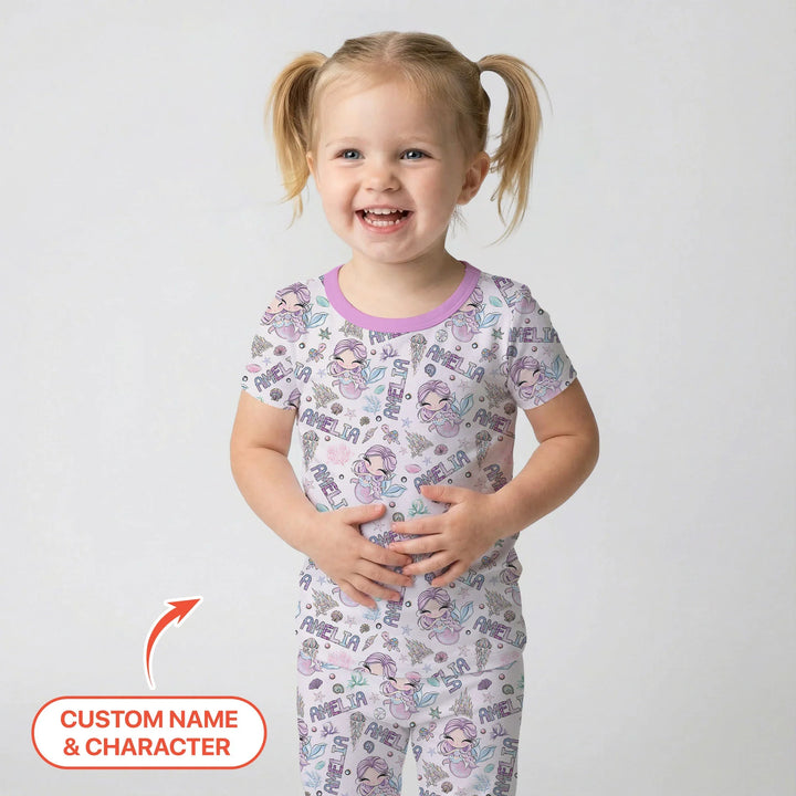 Custom Name Doodle Little Mermaid Bamboo Two Piece Short Sleeve Pajama Set