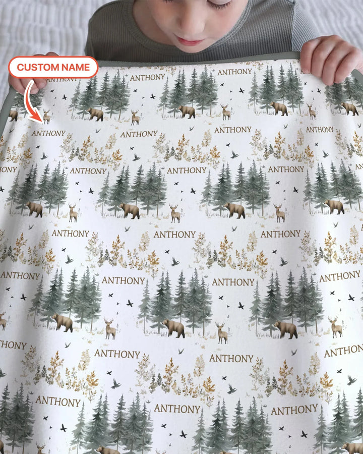 Custom Name Forest Bear Deer Bamboo Blanket