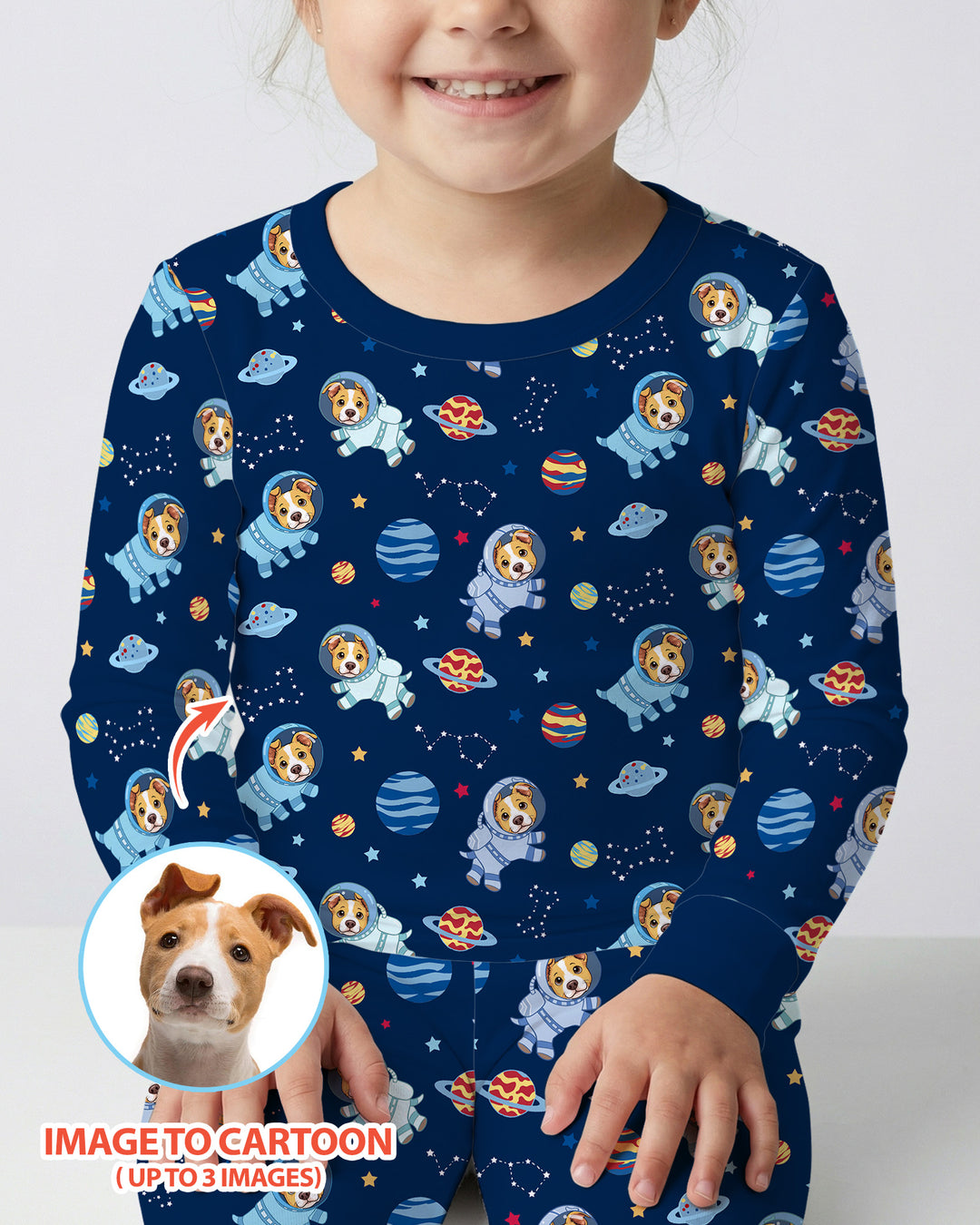 Astronaut Custom Pet Image Family Matching Bamboo Two Piece Long Sleeve Pajama Set