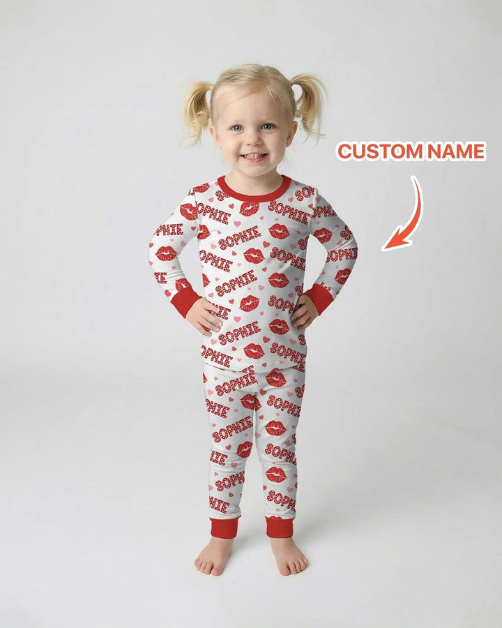 Custom Name Valentine Kiss Bamboo Two Piece Long Sleeve Pajama Set