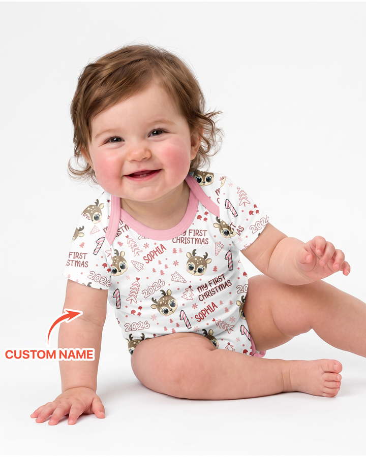 Custom Name Cute Reindeer My First Christmas Bamboo Bodysuit