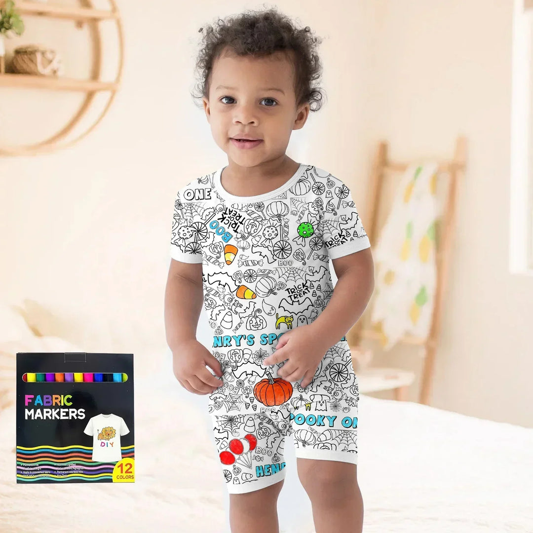 Custom Name Spooky Colorable Halloween Two Piece Short Sleeve Shorts Pajama Set , Custom Name Spooky Colorable Halloween Two Piece Short Sleeve Shorts Pajama Set - 3T