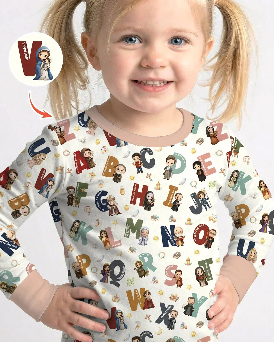 Catholic Saint ABCs Bamboo Two Piece Long Sleeve Pajama Set