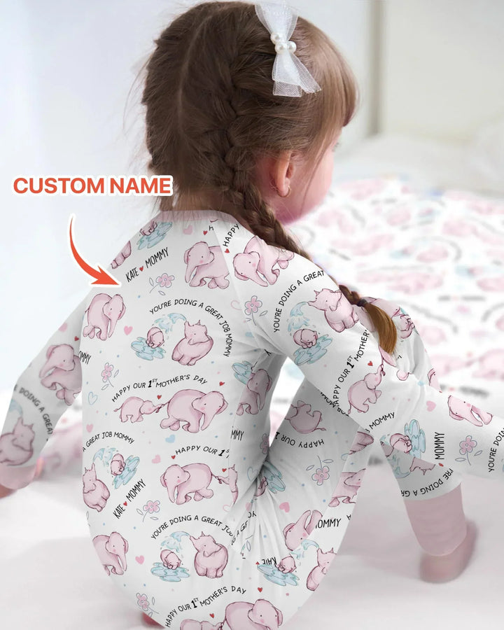 Custom Name Mother & Baby Elephant Bamboo Convertible Zippy