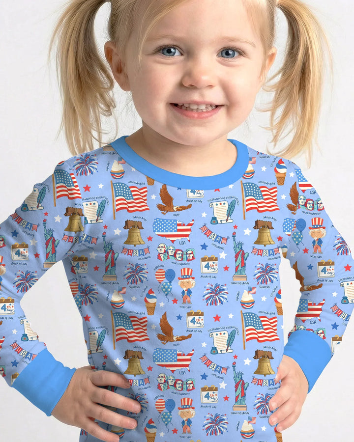Hand Drawn Patriotic Iconic Bamboo Two Piece Long Sleeve Pajama Set