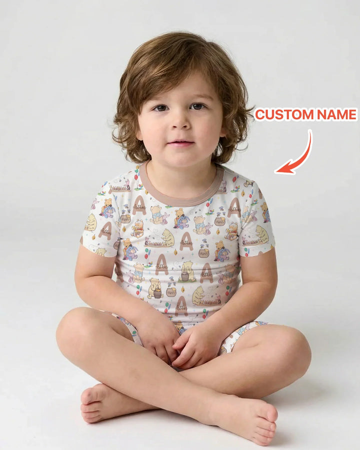 Honey Bear Monogram Bamboo Two Piece Short Sleeve Shorts Pajama Set