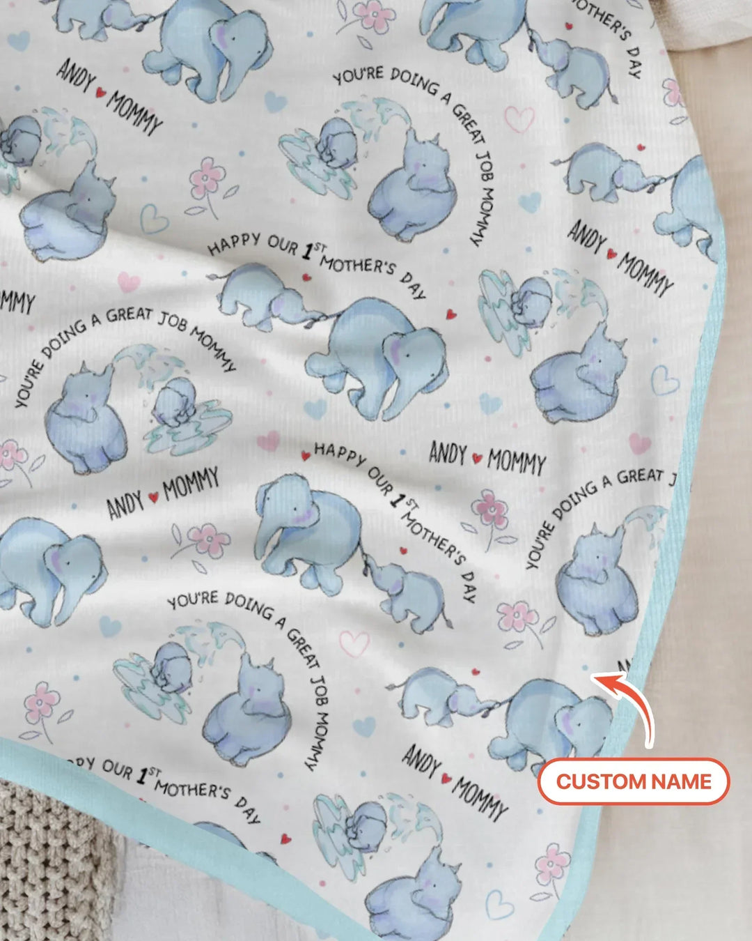 Custom Name Mother & Baby Elephant Bamboo Blanket