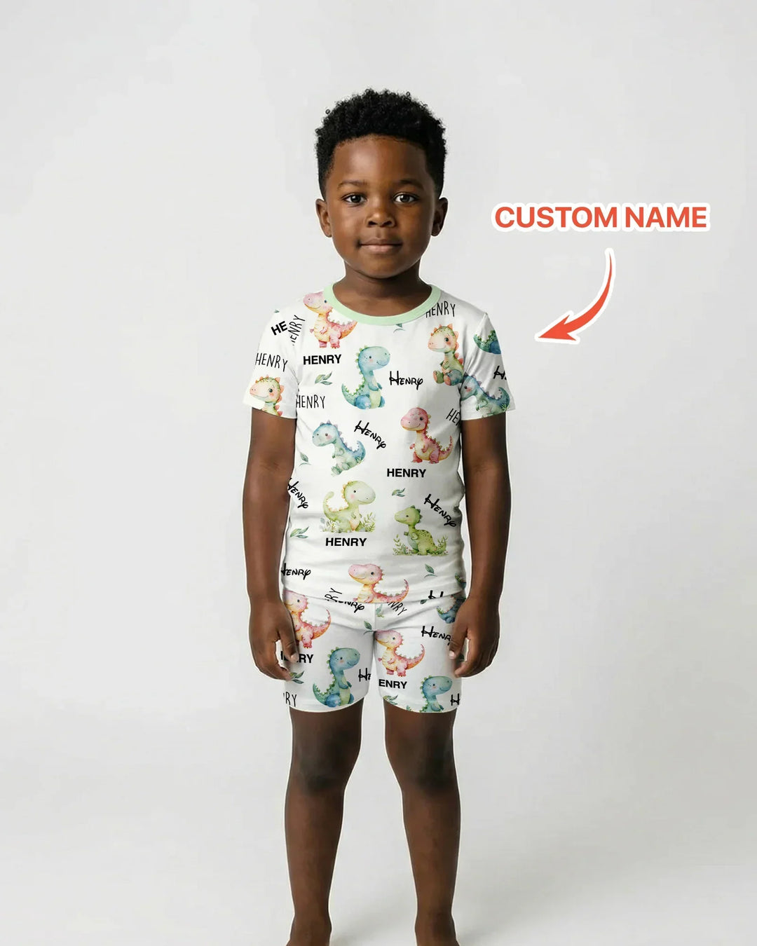 Dinosaur Custom Name Bamboo Two Piece Short Sleeve Shorts Pajama Set